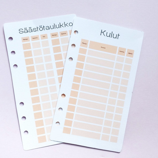 Säästötaulukko kortit budjettikansioon, oranssi teema