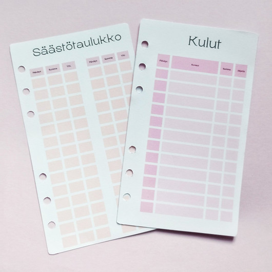 Säästötaulukko kortit budjettikansioon, pinkki teema