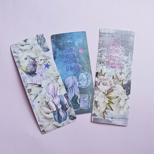 Kirjanmerkit, just one more page. Violetin sävyt.