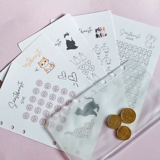 Säästöhaaste kortit budjettikansioon, Kissateema