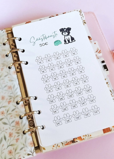 Säästöhaaste kortit budjettikansioon, Koirateema