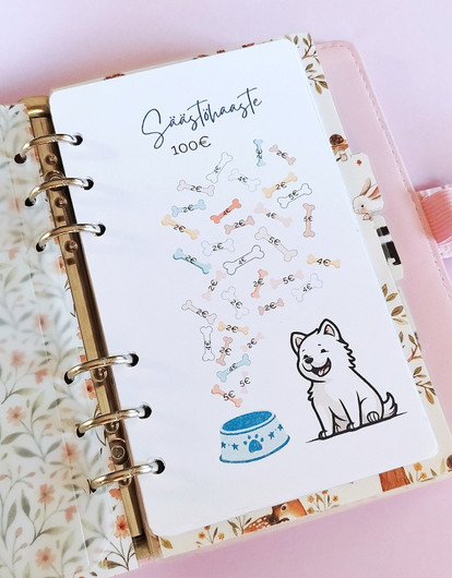 Säästöhaaste kortit budjettikansioon, Koirateema