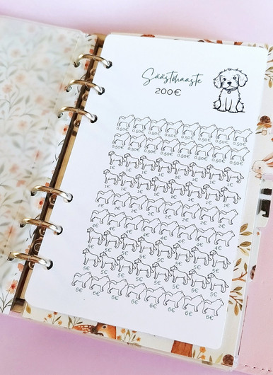 Säästöhaaste kortit budjettikansioon, Koirateema