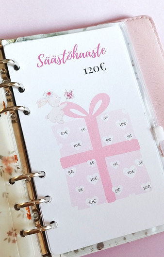 Säästöhaaste kortit budjettikansioon, Synttäriteema