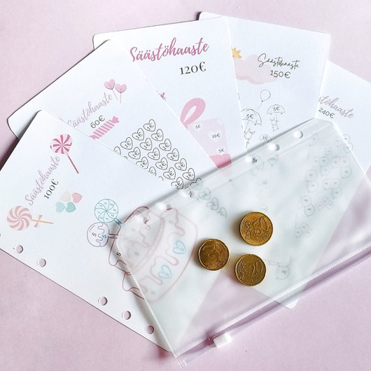 Säästöhaaste kortit budjettikansioon, Synttäriteema