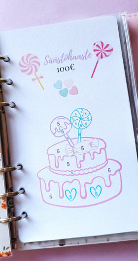 Säästöhaaste kortit budjettikansioon, Synttäriteema